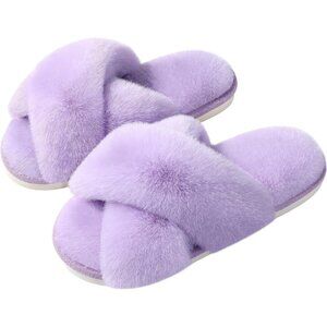 Women's Lavender Fuzzy Cross Band Memory Foam Open-Toe House Slippers